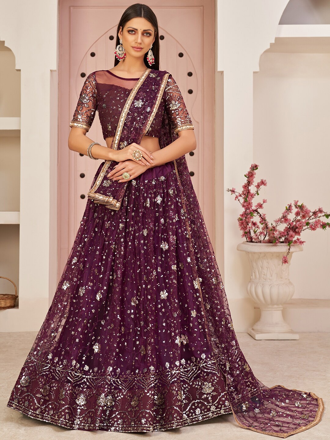 

FABPIXEL Purple & Silver-Toned Embroidered Sequinned Semi-Stitched Lehenga & Unstitched Blouse With Dupatta