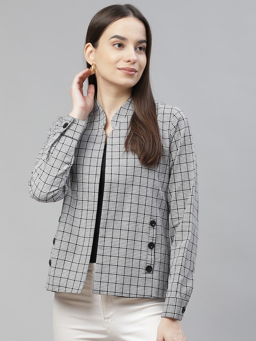 

Cottinfab Women Cotton Checked Lightweight Tailored Jacket, Black