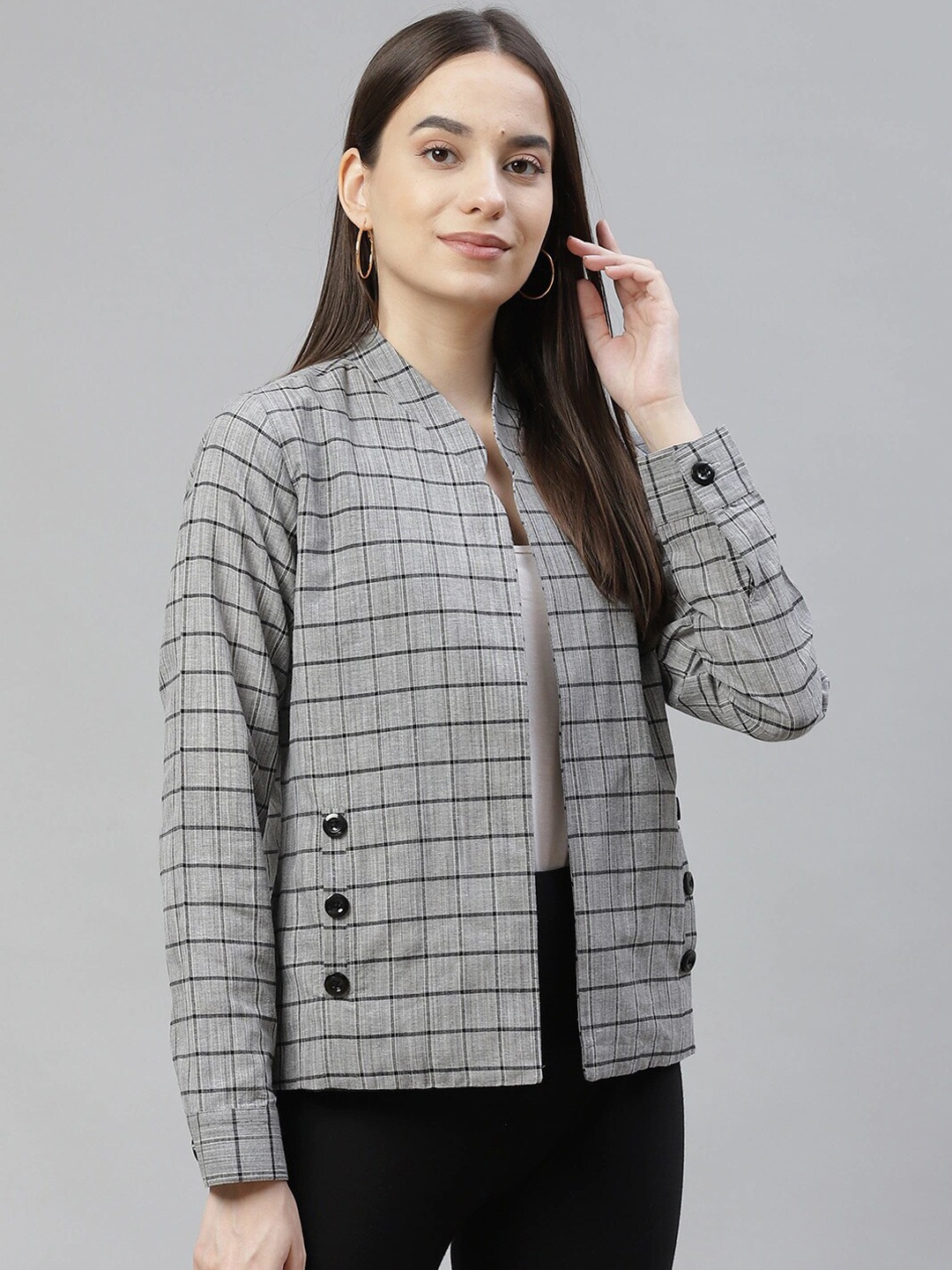

Cottinfab Women Cotton Checked Lightweight Tailored Jacket, Grey