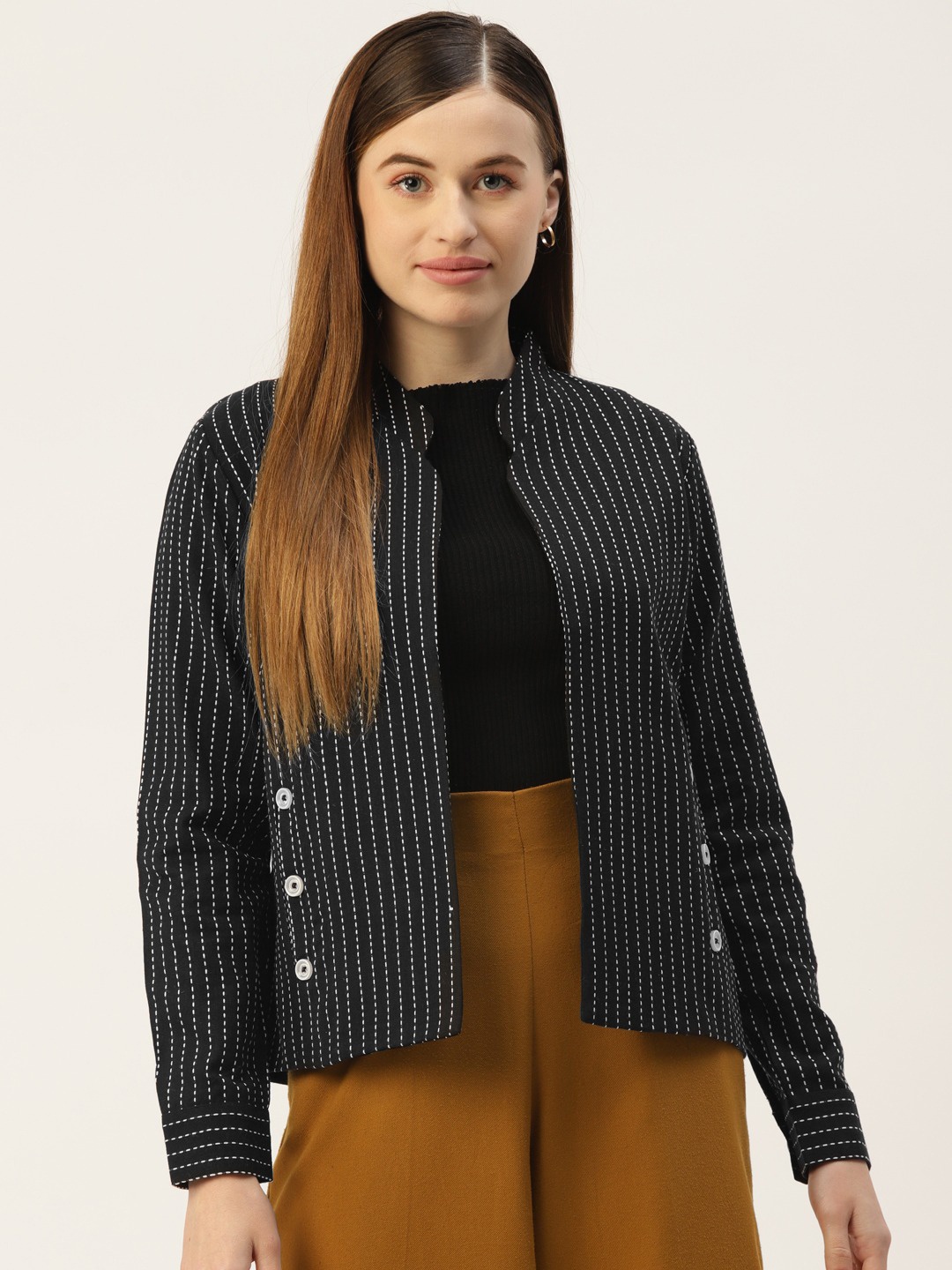 

Cottinfab Women Cotton Striped Lightweight Open Front Jacket, Black