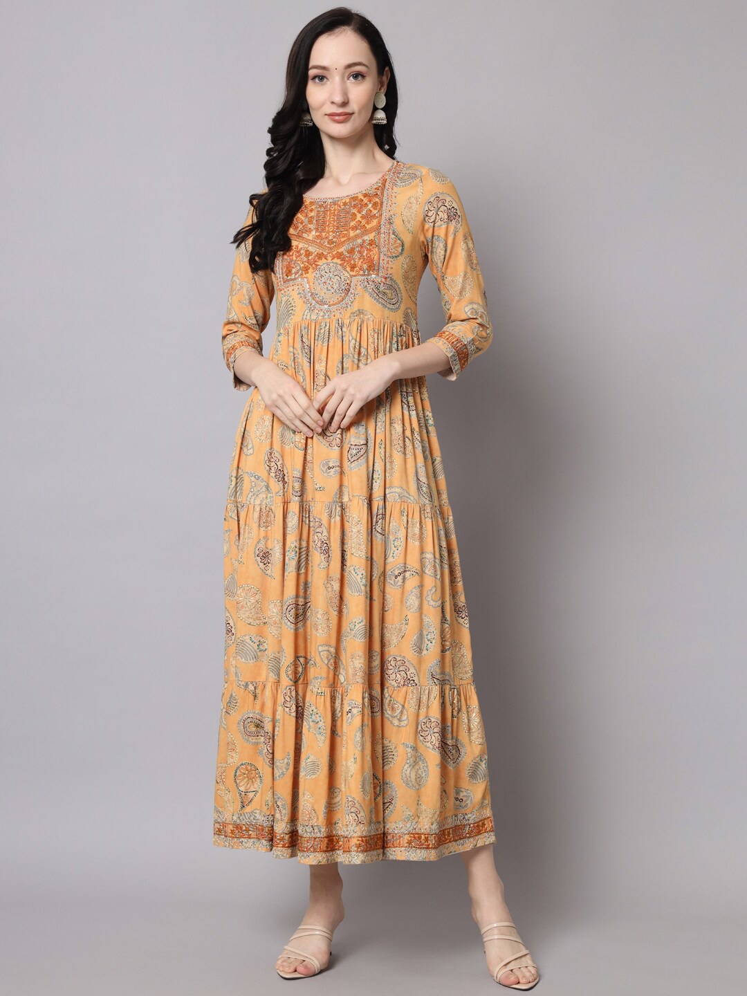 

KALINI Mustard Yellow Ethnic Motifs Maxi Dress