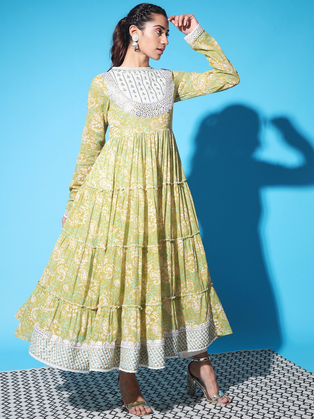 

KALINI Green Cotton Ethnic Motifs Maxi Dress