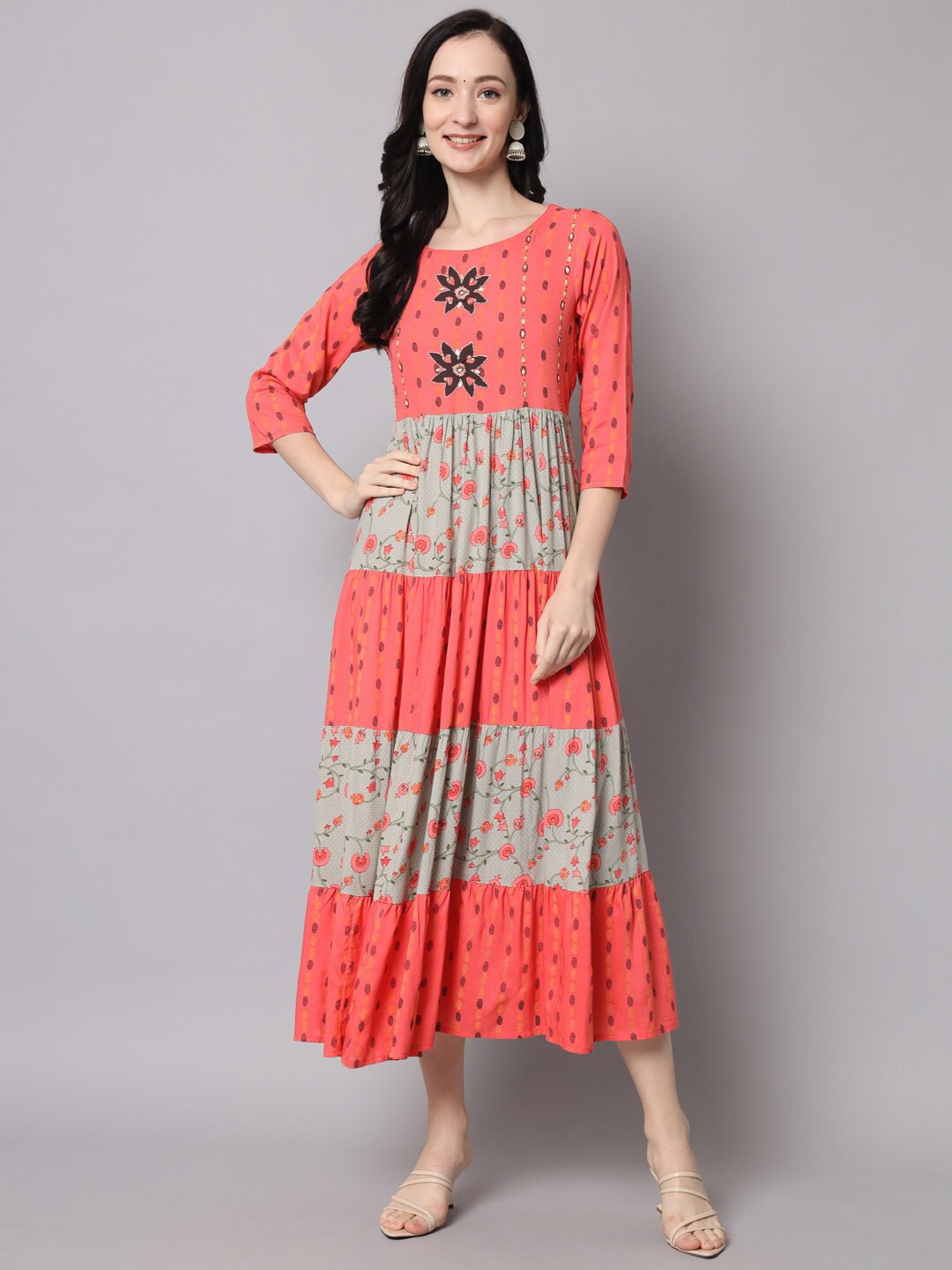 

KALINI Peach-Coloured Ethnic Motifs Midi Dress