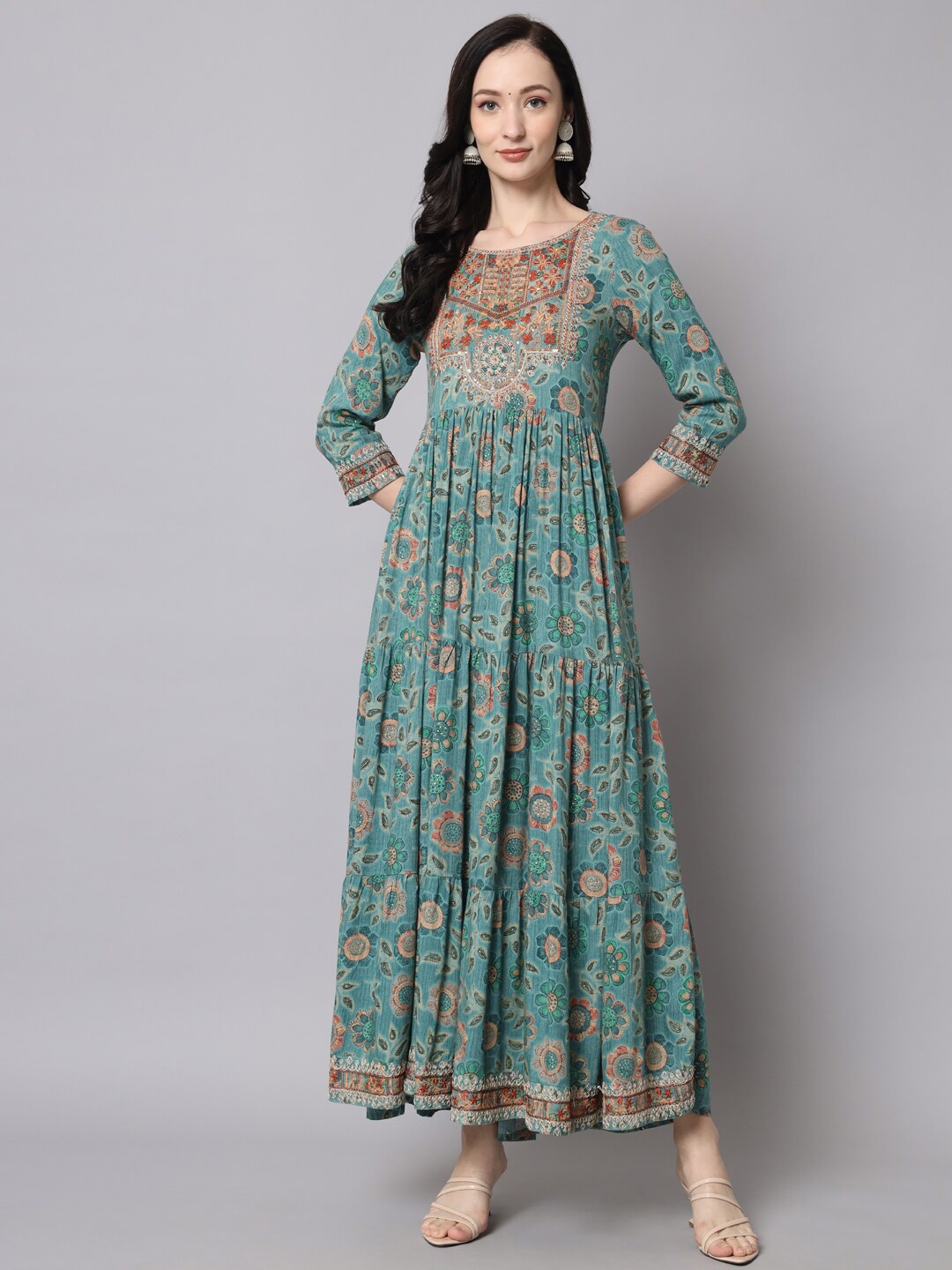 

KALINI Blue Floral Ethnic Maxi Dress
