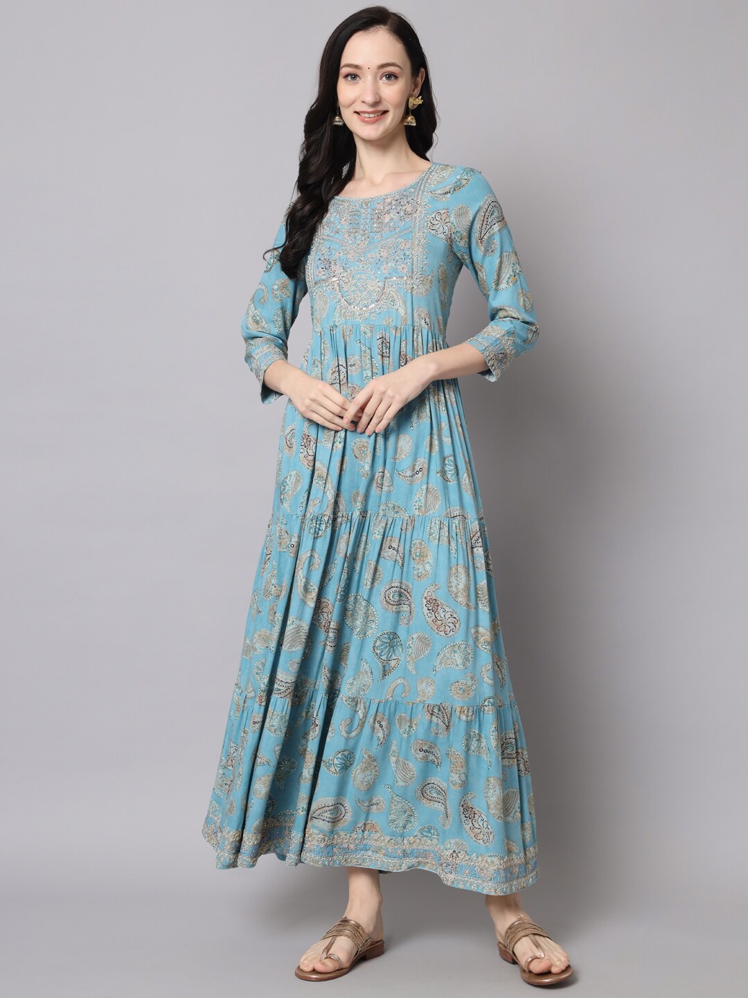 

KALINI Turquoise Blue Floral Ethnic Maxi Dress