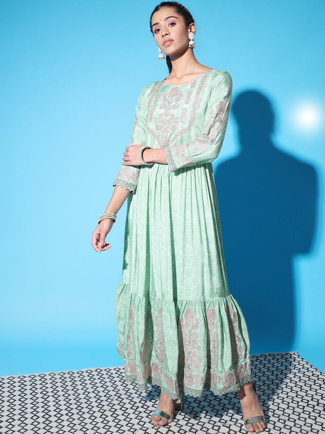 

KALINI Green Cotton Ethnic Motifs Ethnic Maxi Dress