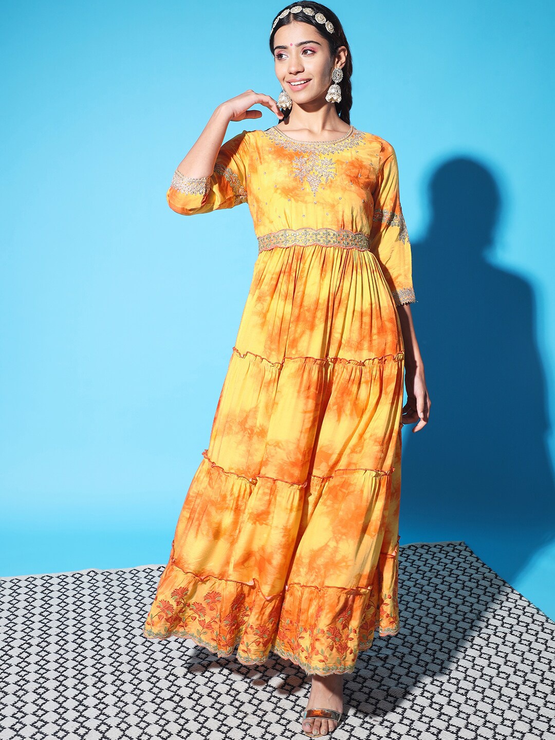 

KALINI Yellow Cotton Floral Maxi Dress