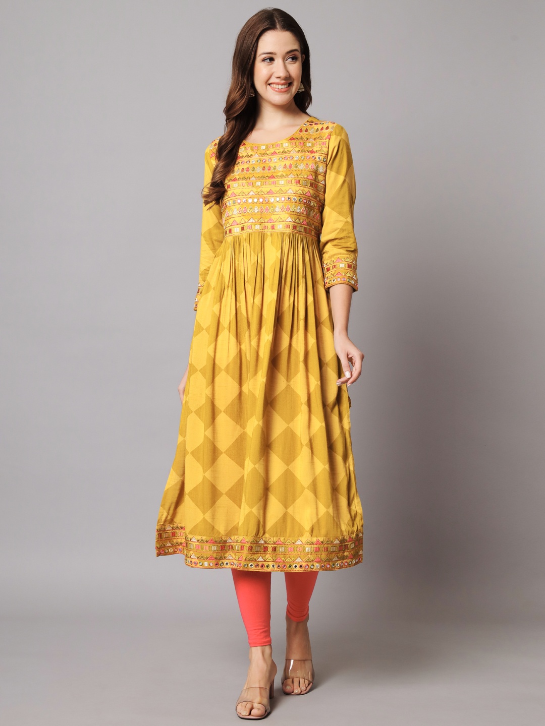 Nehamta Geometric Mirror Work Anarkali Kurta, Mustard
