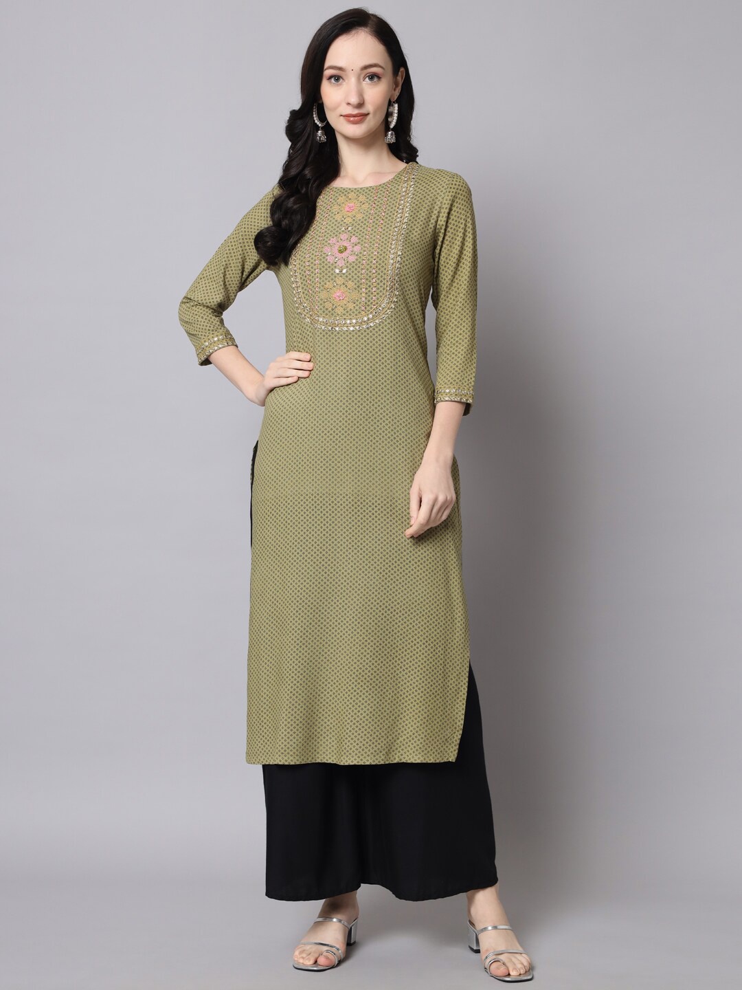 

Nehamta Ethnic Motifs Printed Thread Work Floral Kurta, Green