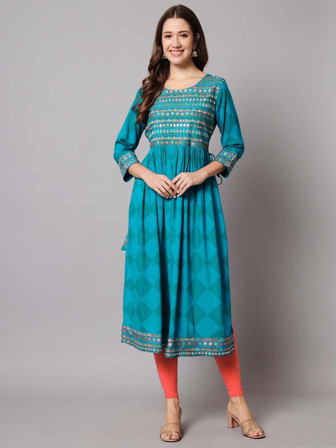 

Nehamta Geometric Mirror Work Anarkali Kurta, Turquoise blue