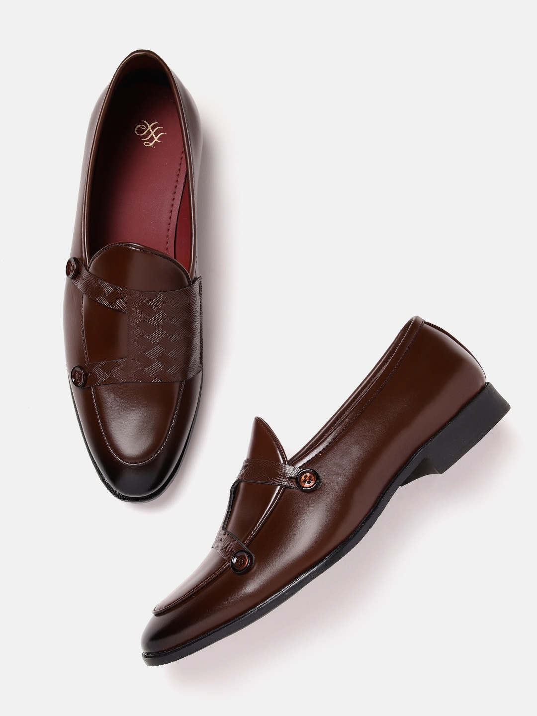 

House of Pataudi Men Basketweave Textured Handcrafted Formal Monks, Coffee brown