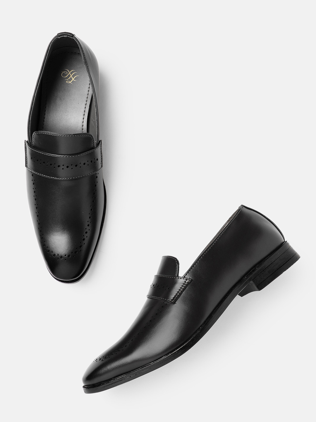 

House of Pataudi Men Handcrafted Formal Loafers with Perforated Detail, Black