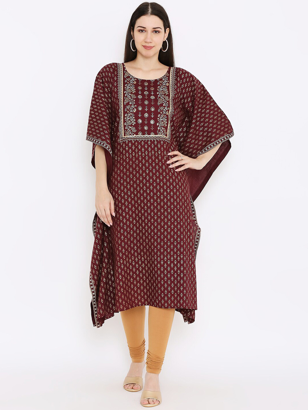 

Peppertree Ethnic Motifs Printed Flared Sleeves Block Print Kaftan Kurta, Burgundy