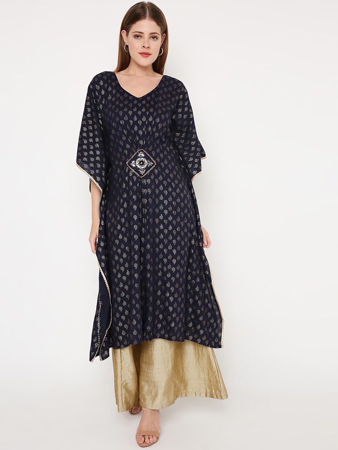 

Peppertree Geometric Flared Sleeves Block Print Kaftan Kurta, Blue
