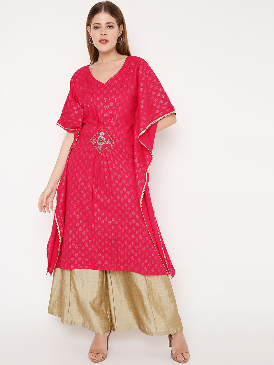 

Peppertree Ethnic Motifs Cold-Shoulder Sleeves Block Print Kurta, Fuchsia