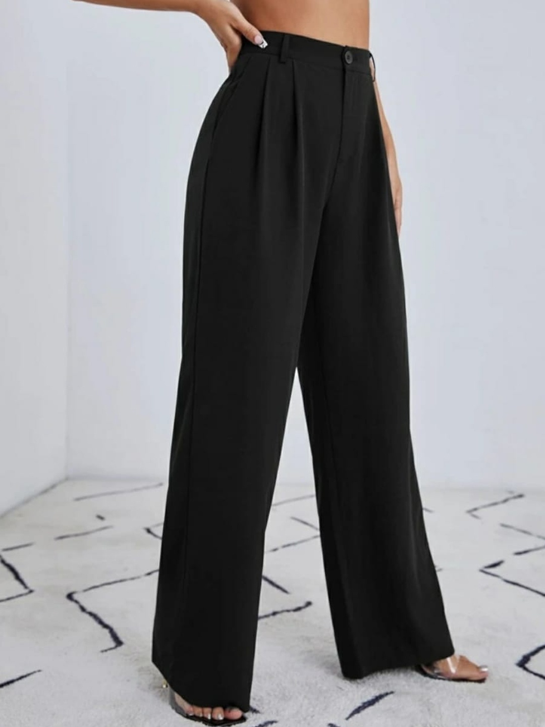 

Next One Women Relaxed Straight Leg Loose Fit High-Rise Easy Wash Pleated Trouser, Black