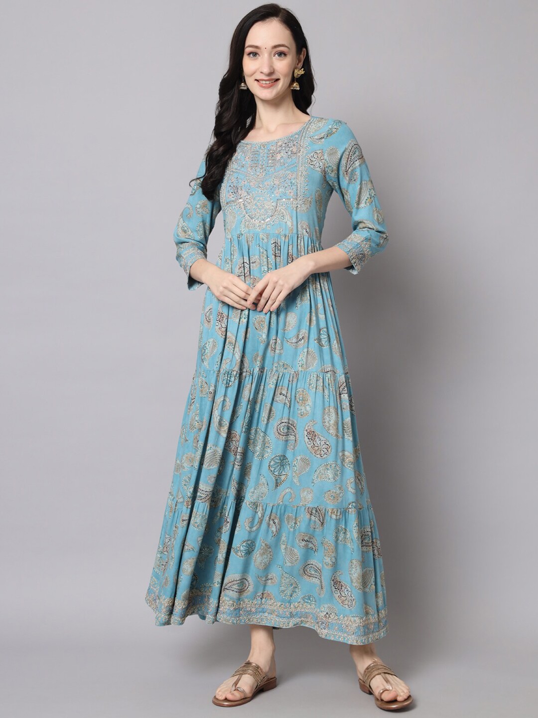 

Nehamta Ethnic Motifs Printed Maxi Ethnic Dress, Turquoise blue