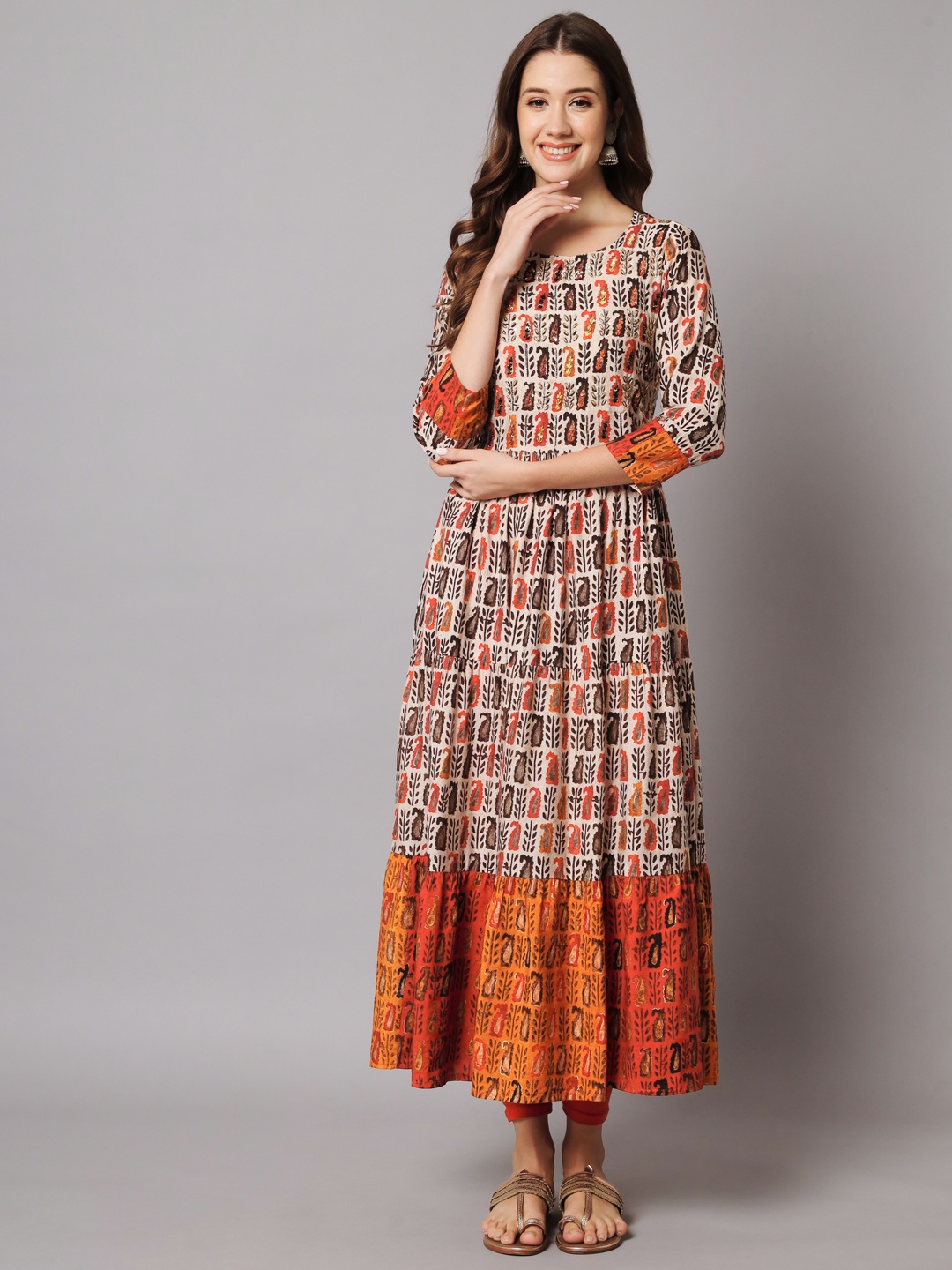 

Nehamta Ethnic Motifs Printed Maxi Cotton Ethnic Dress, Cream