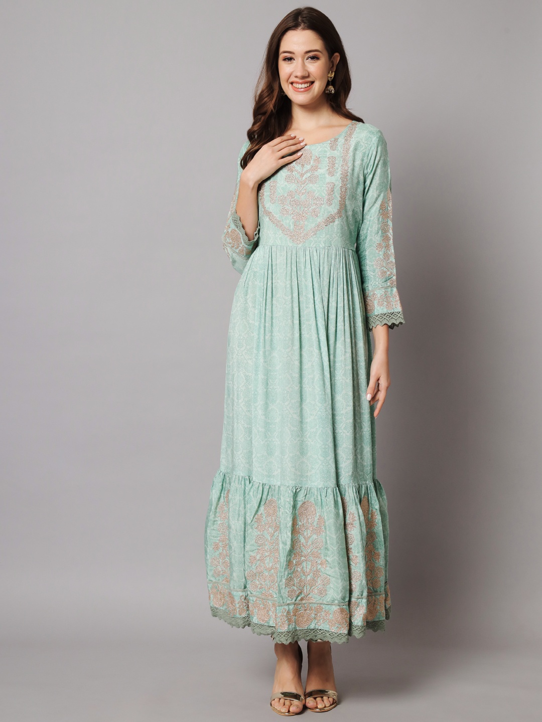 

Nehamta Ethnic Motifs Printed Maxi Cotton Ethnic Dress, Sea green