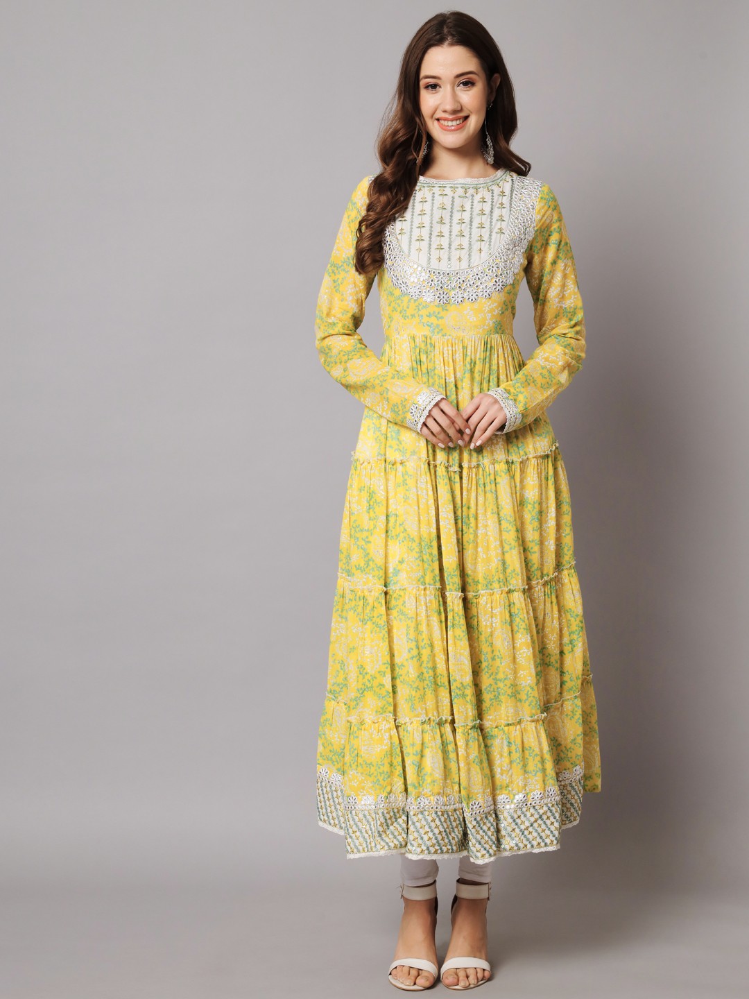 

Nehamta Floral Printed Maxi Cotton Ethnic Dress, Lime green