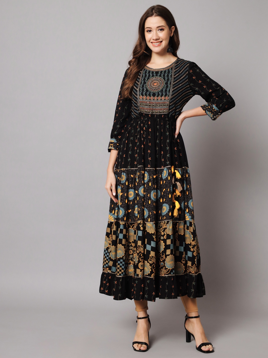 

Nehamta Ethnic Motifs Printed Maxi Ethnic Dress, Black