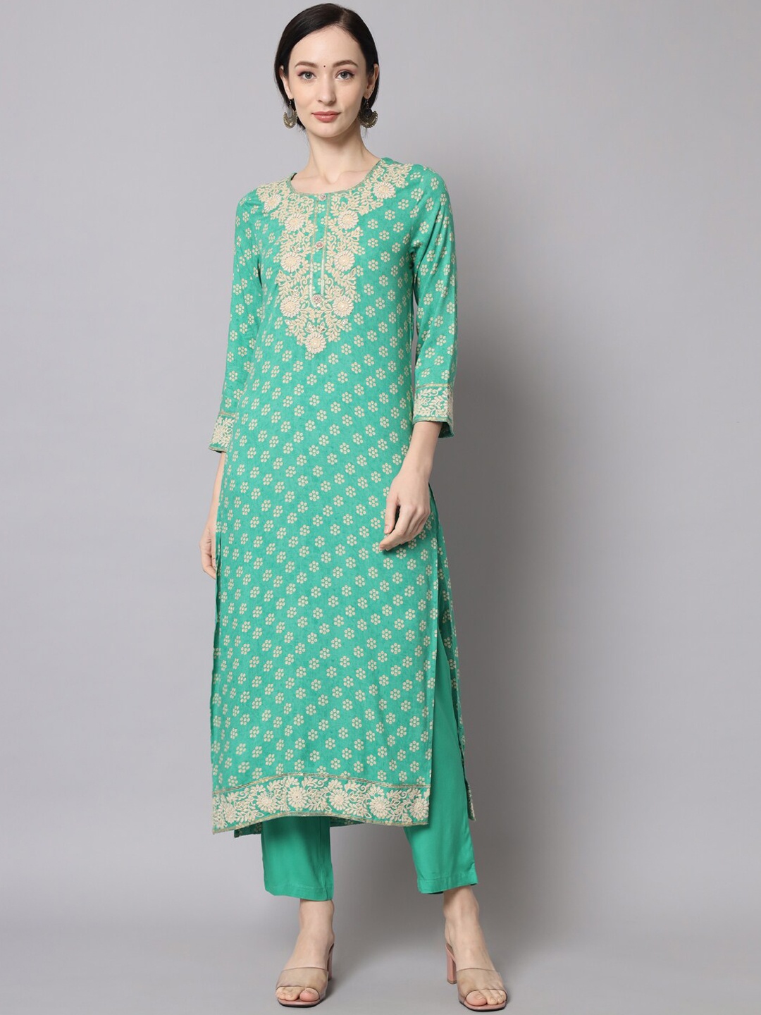 

KALINI Women Ethnic Motifs Embroidered Kurta with Trousers, Green