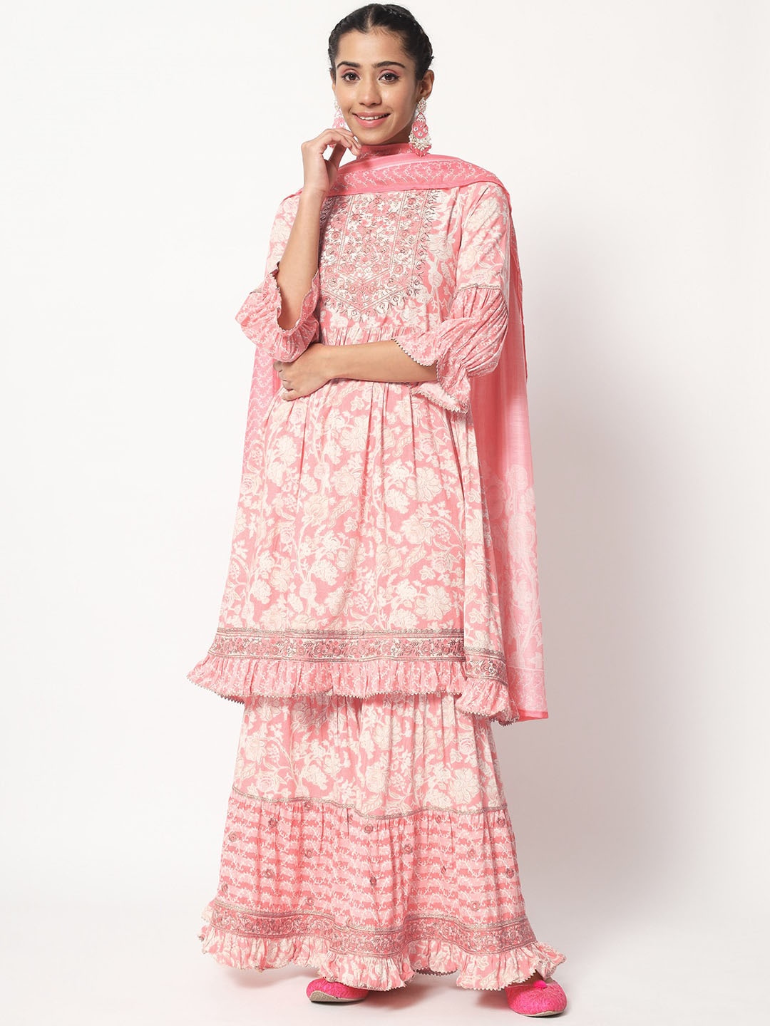 

KALINI Women Floral Embroidered Beads and Stones Kurta with Sharara & Dupatta, Pink