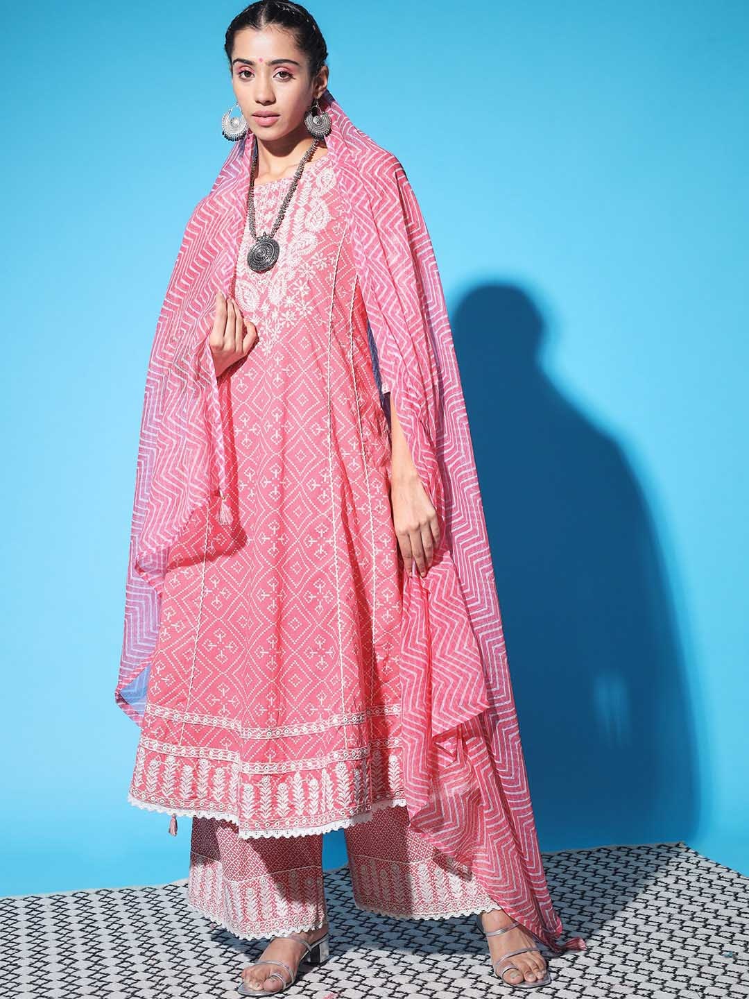 

KALINI Women Bandhani Embroidered Kurta with Palazzos & With Dupatta, Pink