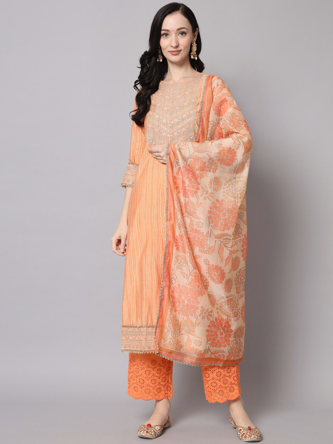 

KALINI Women Printed Mirror Work Kurta with Trousers & With Dupatta, Orange
