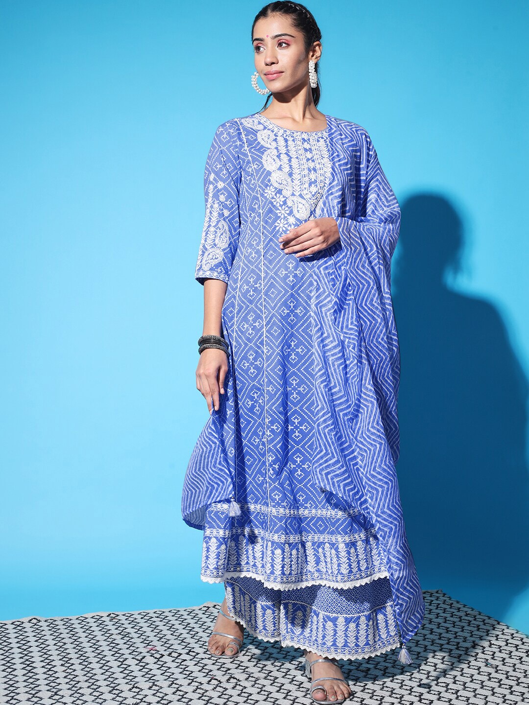 

KALINI Embroidered Thread Work Kurta with Palazzos & With Dupatta, Blue