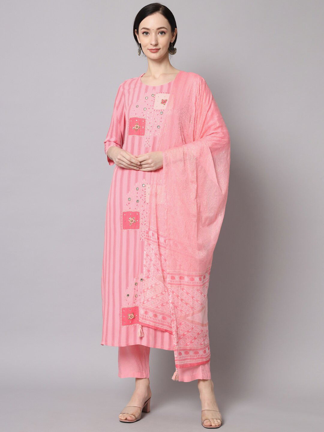 

KALINI Floral Printed Mirror Work Kurta with Trousers & With Dupatta, Pink