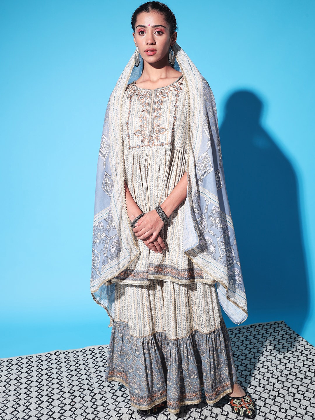 

KALINI Embroidered Kurta with Sharara & With Dupatta, Beige