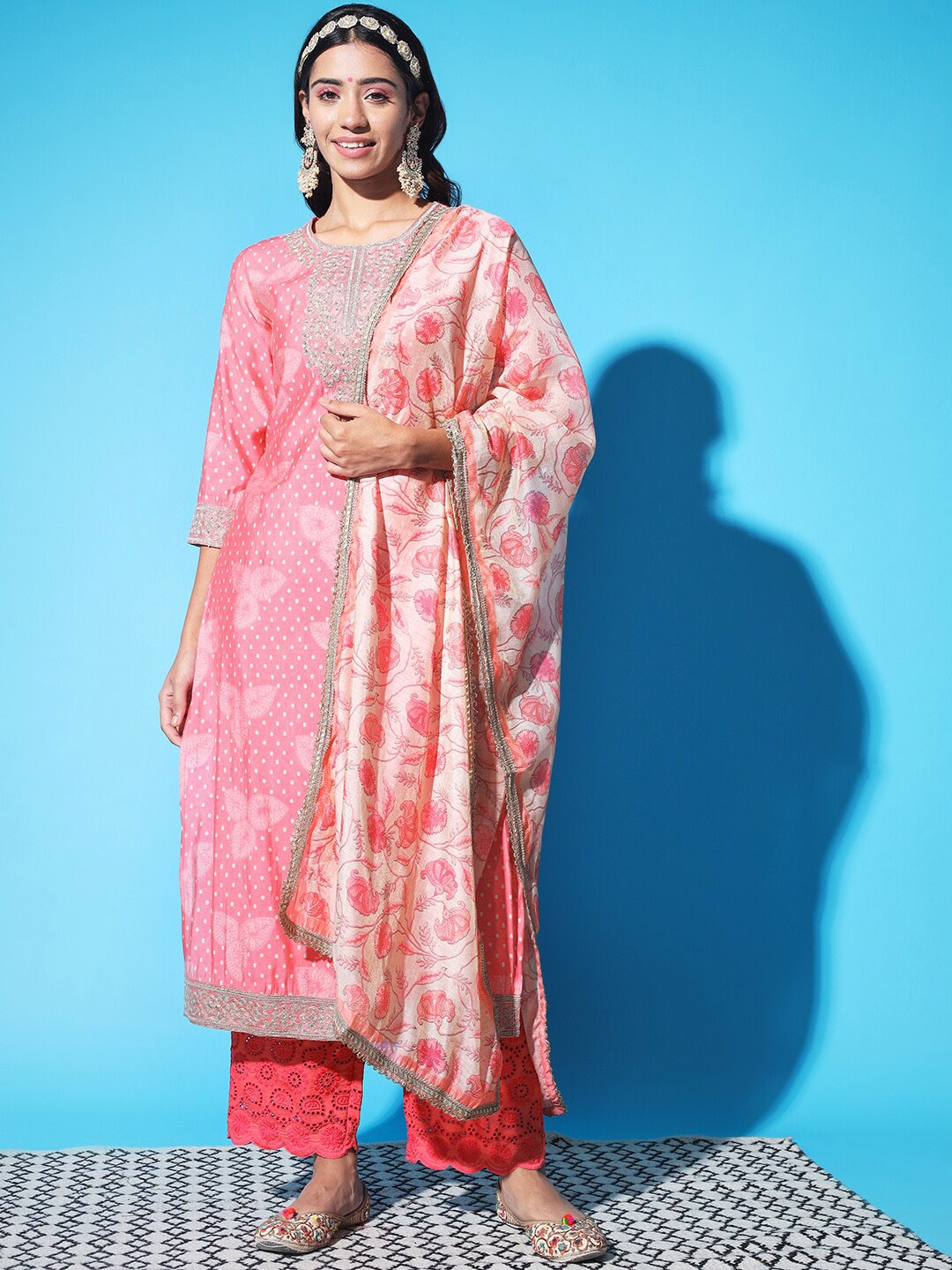 

KALINI Floral Printed Kurta with Trousers & With Dupatta, Pink