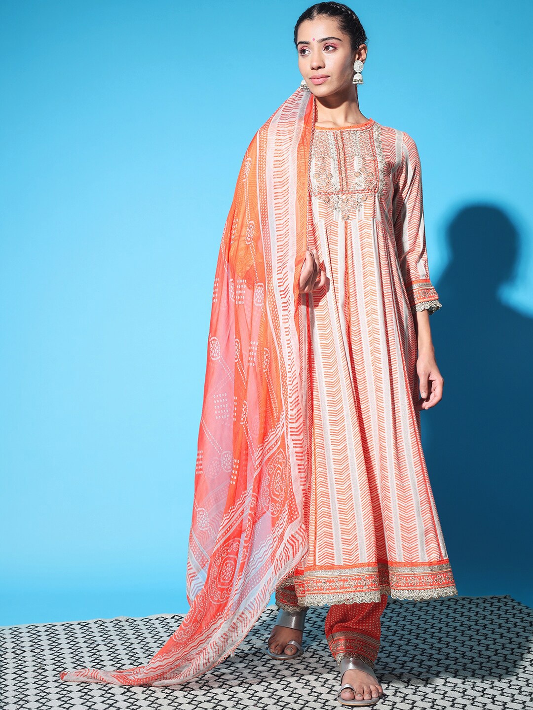 

KALINI Embroidered Kurta with Palazzos & With Dupatta, Orange