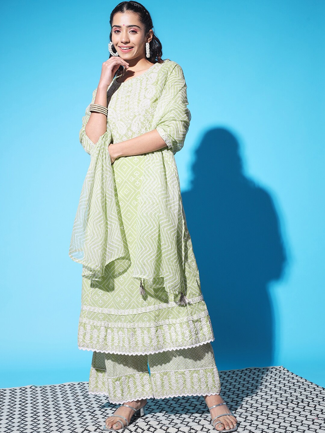 

KALINI Embroidered Pure Cotton Kurta with Palazzos & With Dupatta, Green