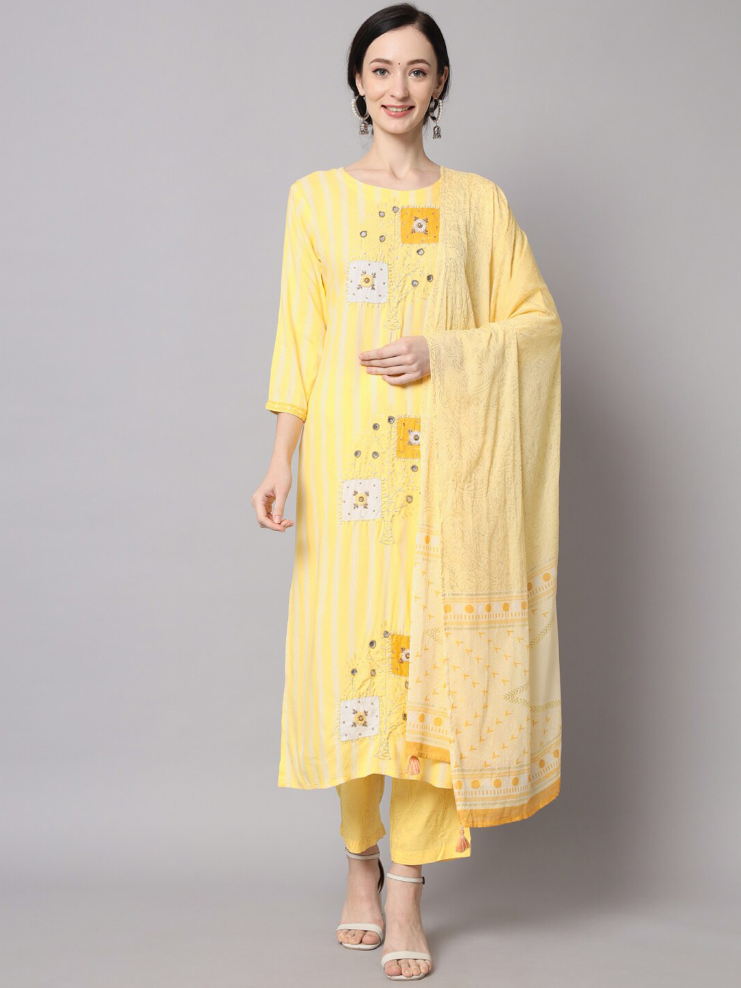 

KALINI Floral Printed Kurta with Trousers & With Dupatta, Yellow