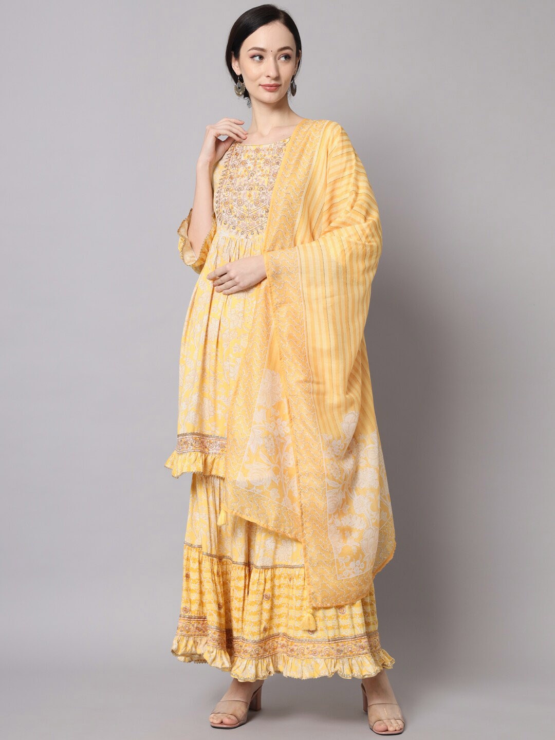 

KALINI Floral Embroidered Beads and Stones Kurta with Sharara & Dupatta, Yellow