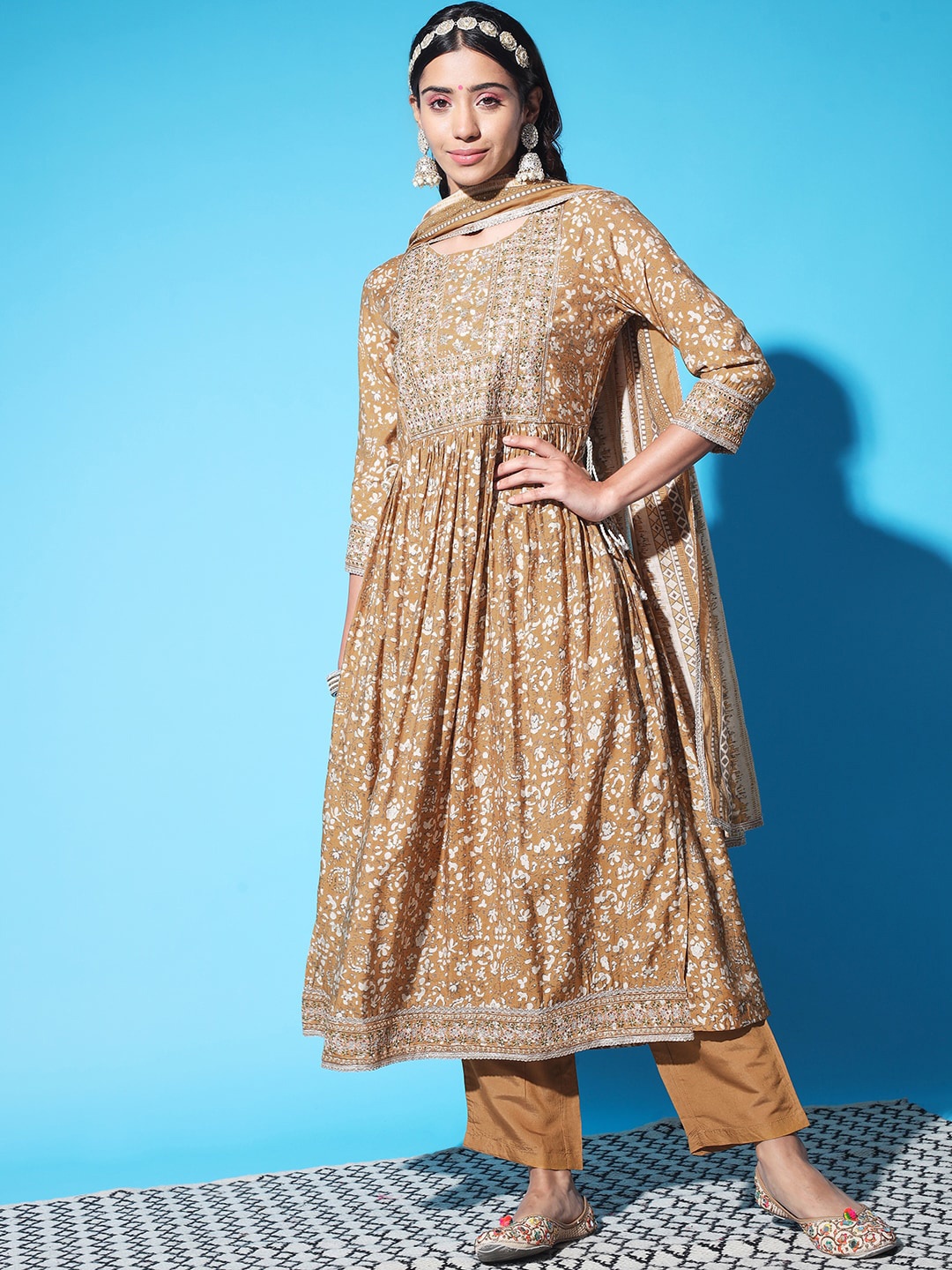 

KALINI Floral Embroidered Kurta with Trousers & Dupatta, Brown