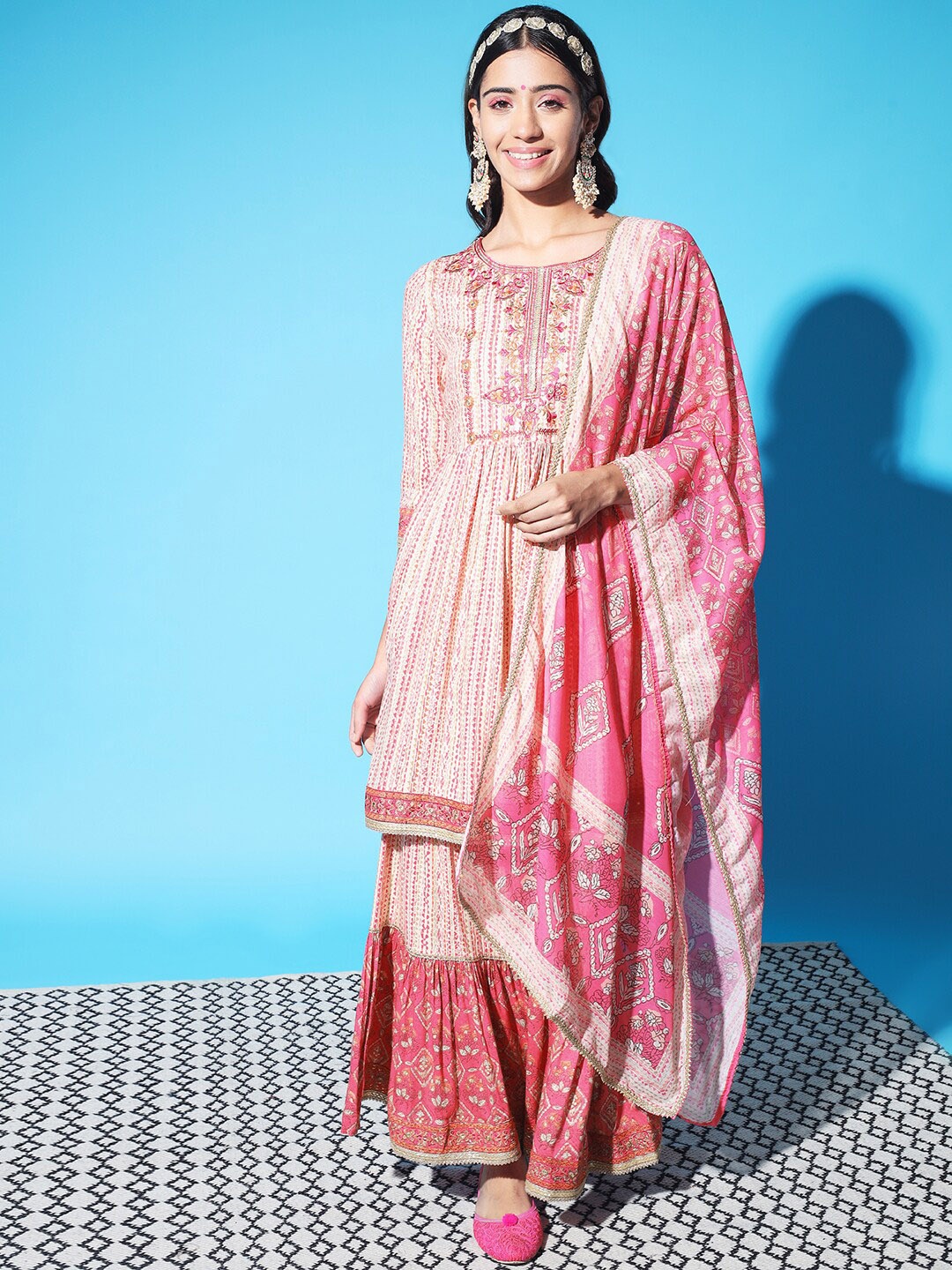 

KALINI Embroidered Thread Work Kurta with Sharara & With Dupatta, Pink