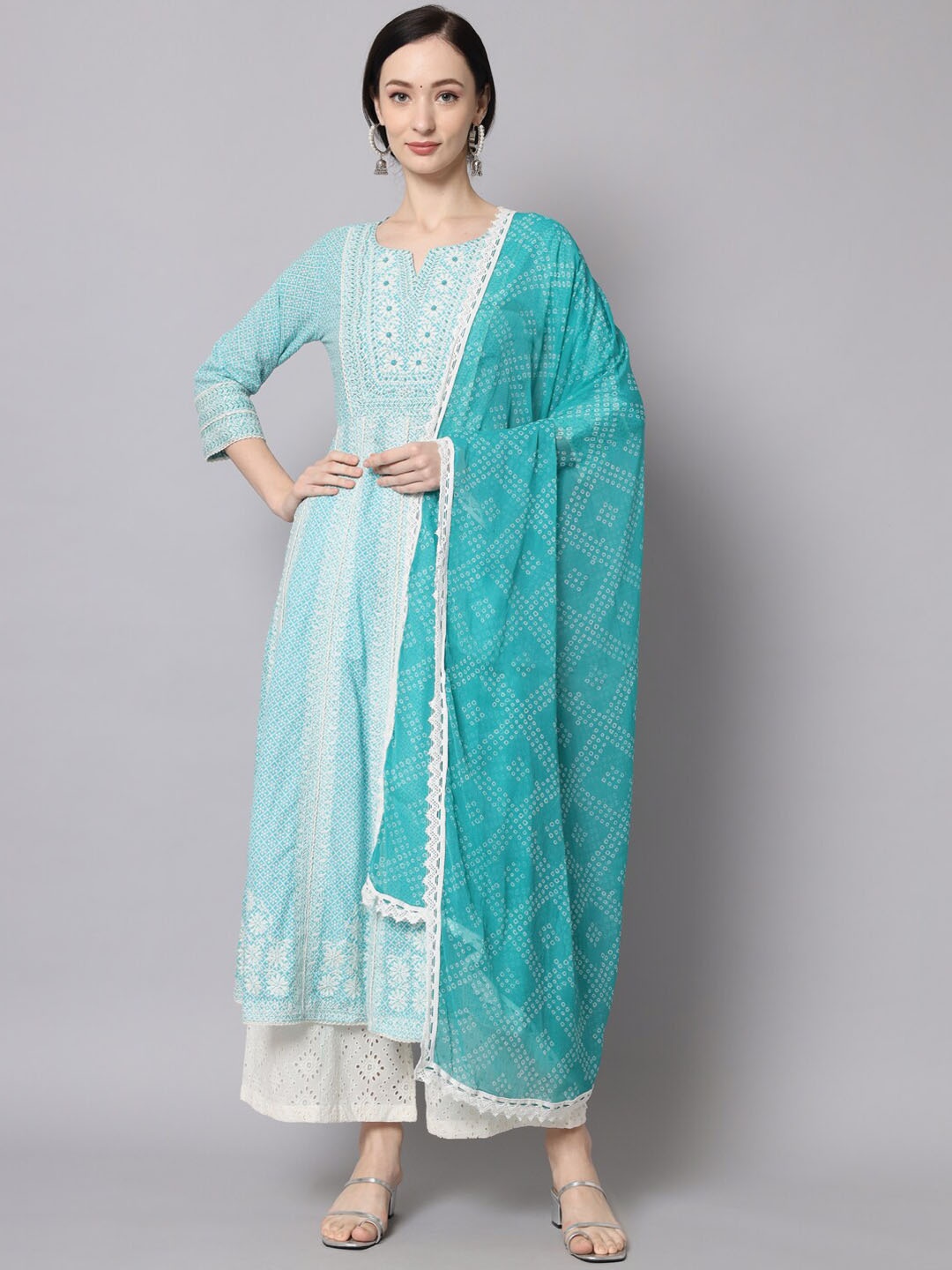 

KALINI Ethnic Motifs Embroidered Kurta with Palazzos & Dupatta, Turquoise blue