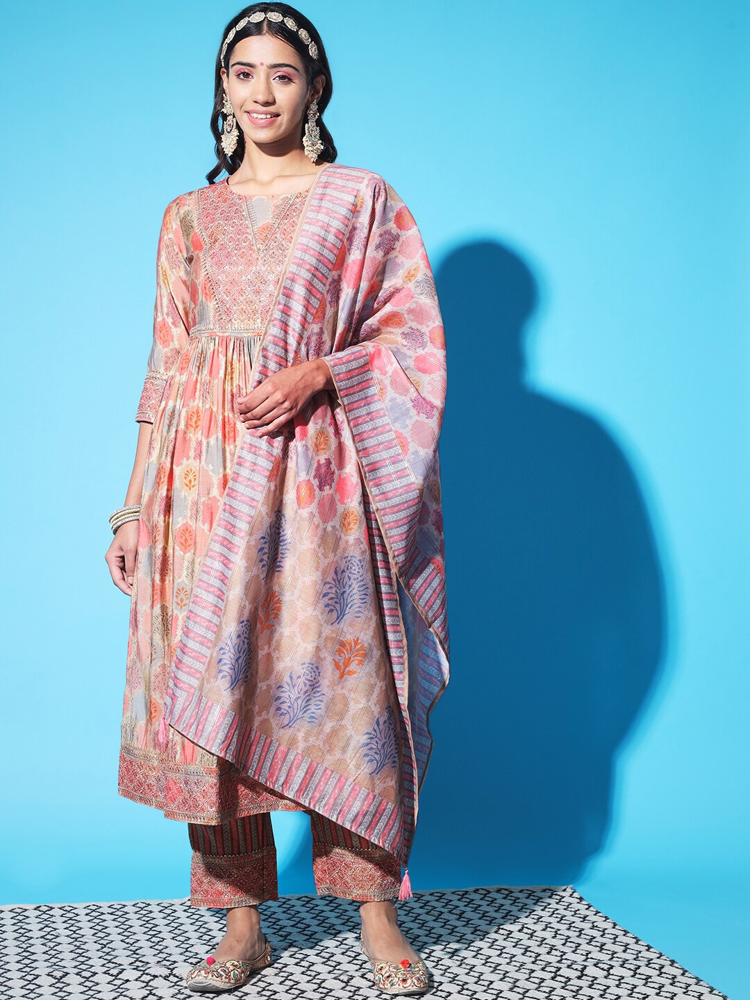 

KALINI Floral Printed Kurta with Trousers & Dupatta, Pink