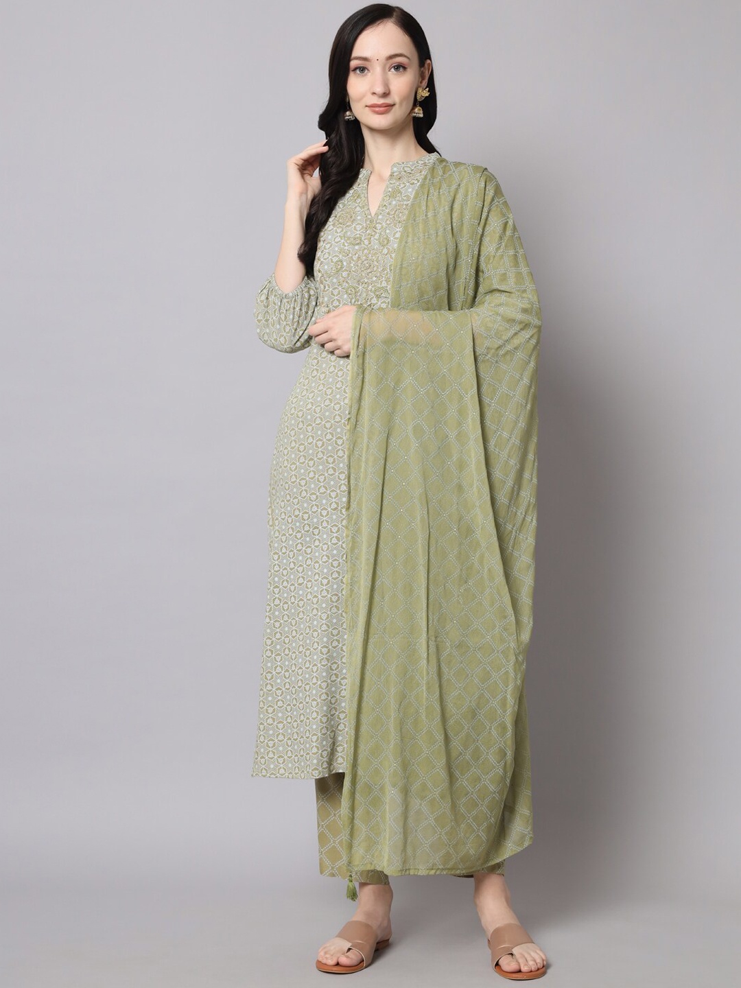 

KALINI Women Printed & Thread Work Kurta with Trouser & Dupatta, Olive