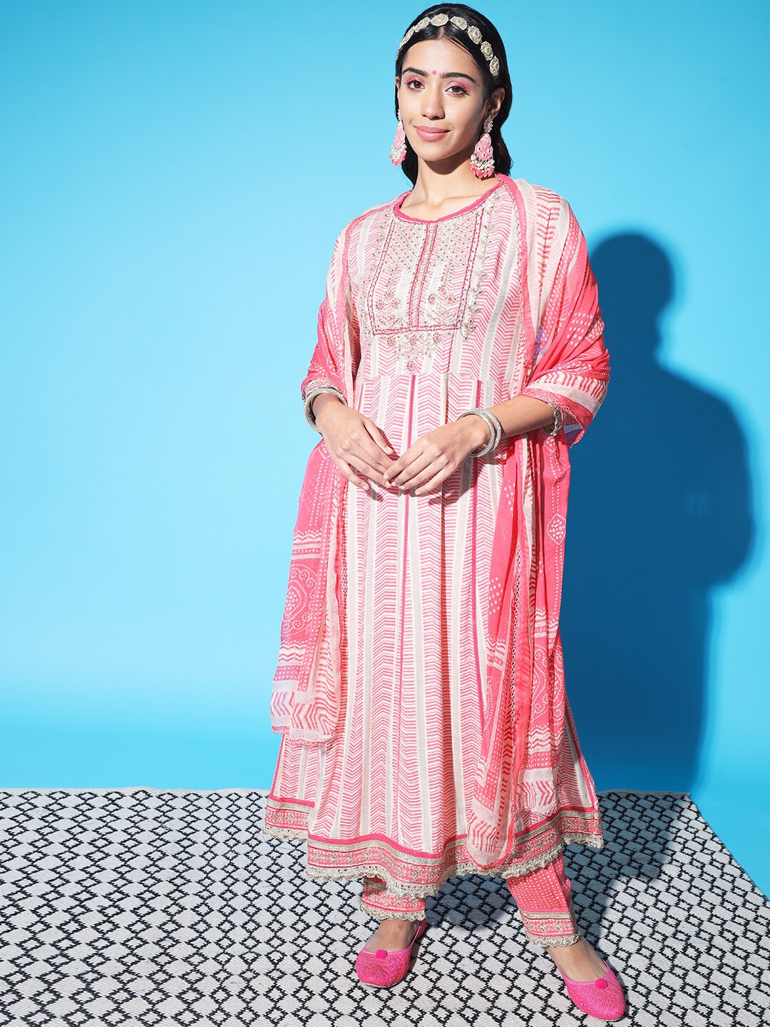 

KALINI Women Yoke Design Thread Work Kurta with Trouser & Dupatta, Pink
