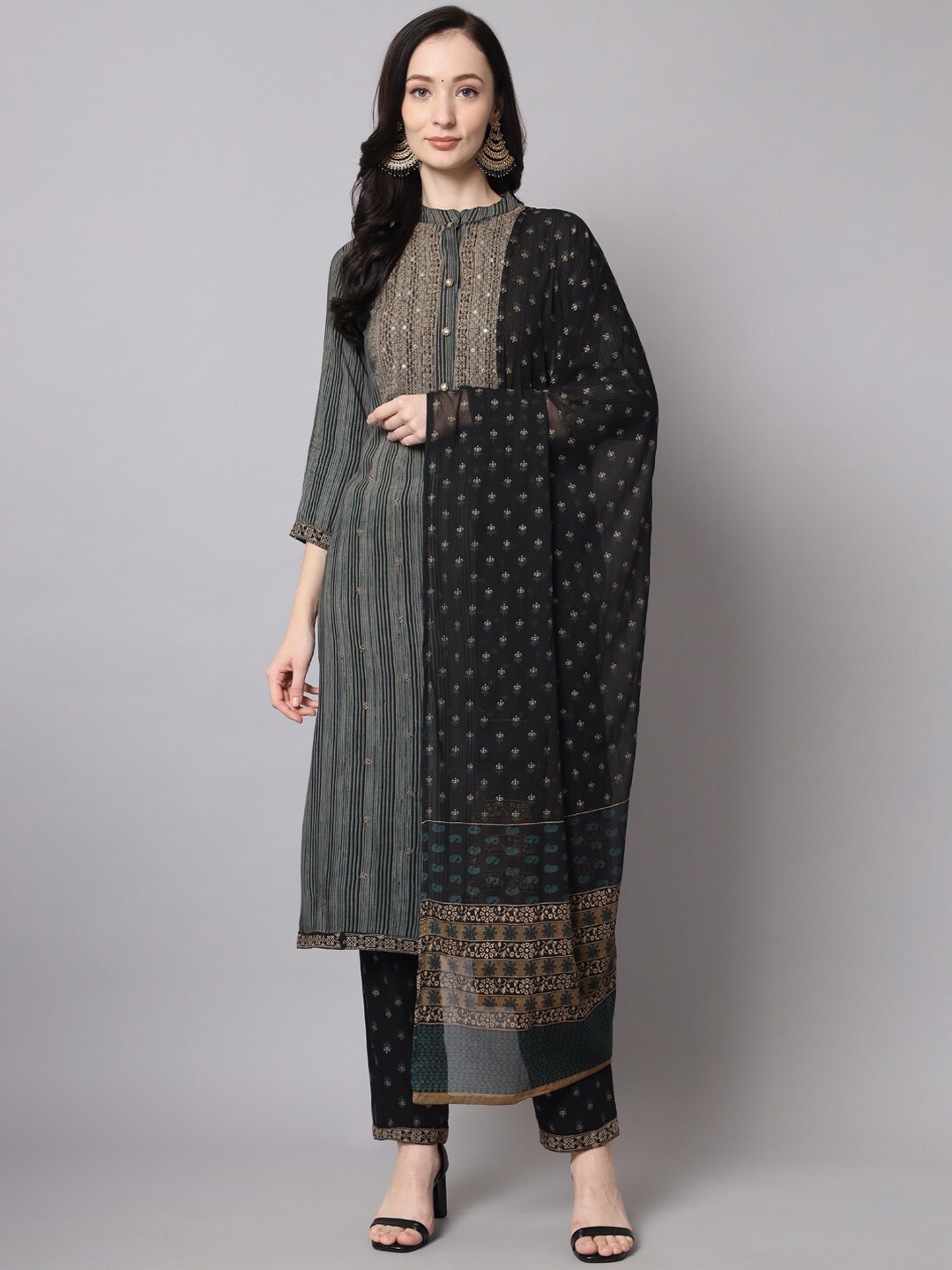 

KALINI Women Yoke Design Thread Work Kurta with Trouser & With Dupatta, Green
