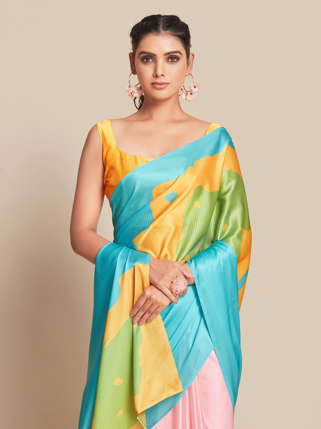 

Sangria Pink & Turquoise Blue Ethnic Motifs Zari Satin Saree