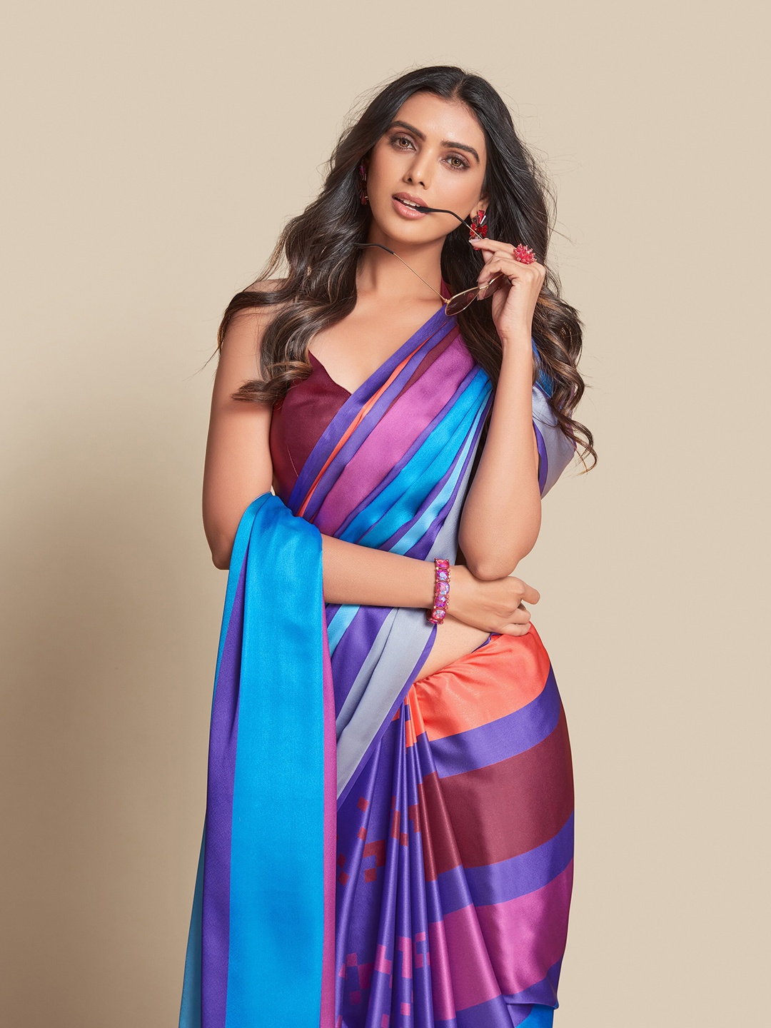 

Sangria Blue & Purple Striped Zardozi Satin Saree