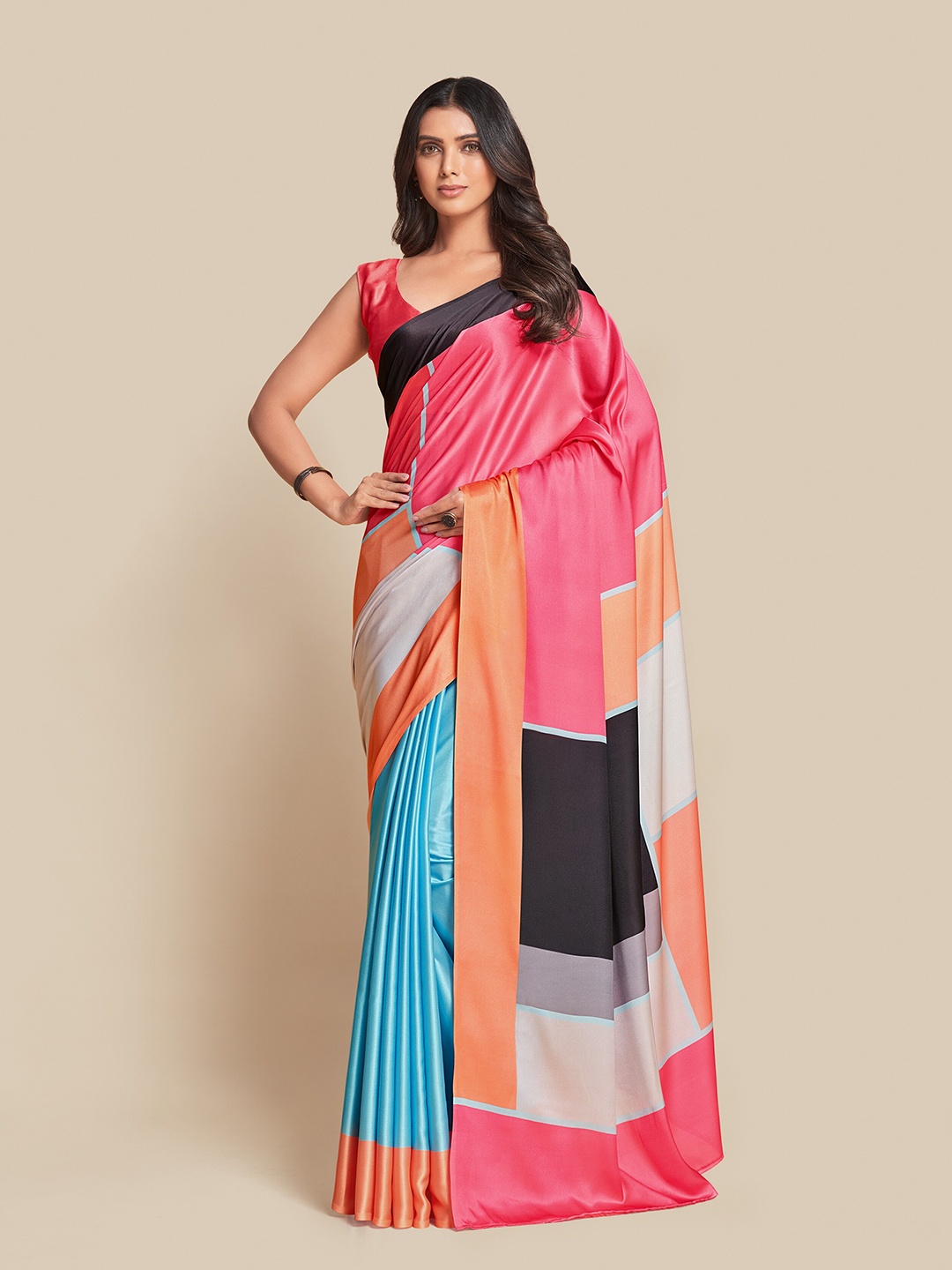 

Sangria Peach-Coloured & Pink Colourblocked Satin Ready to Wear Saree