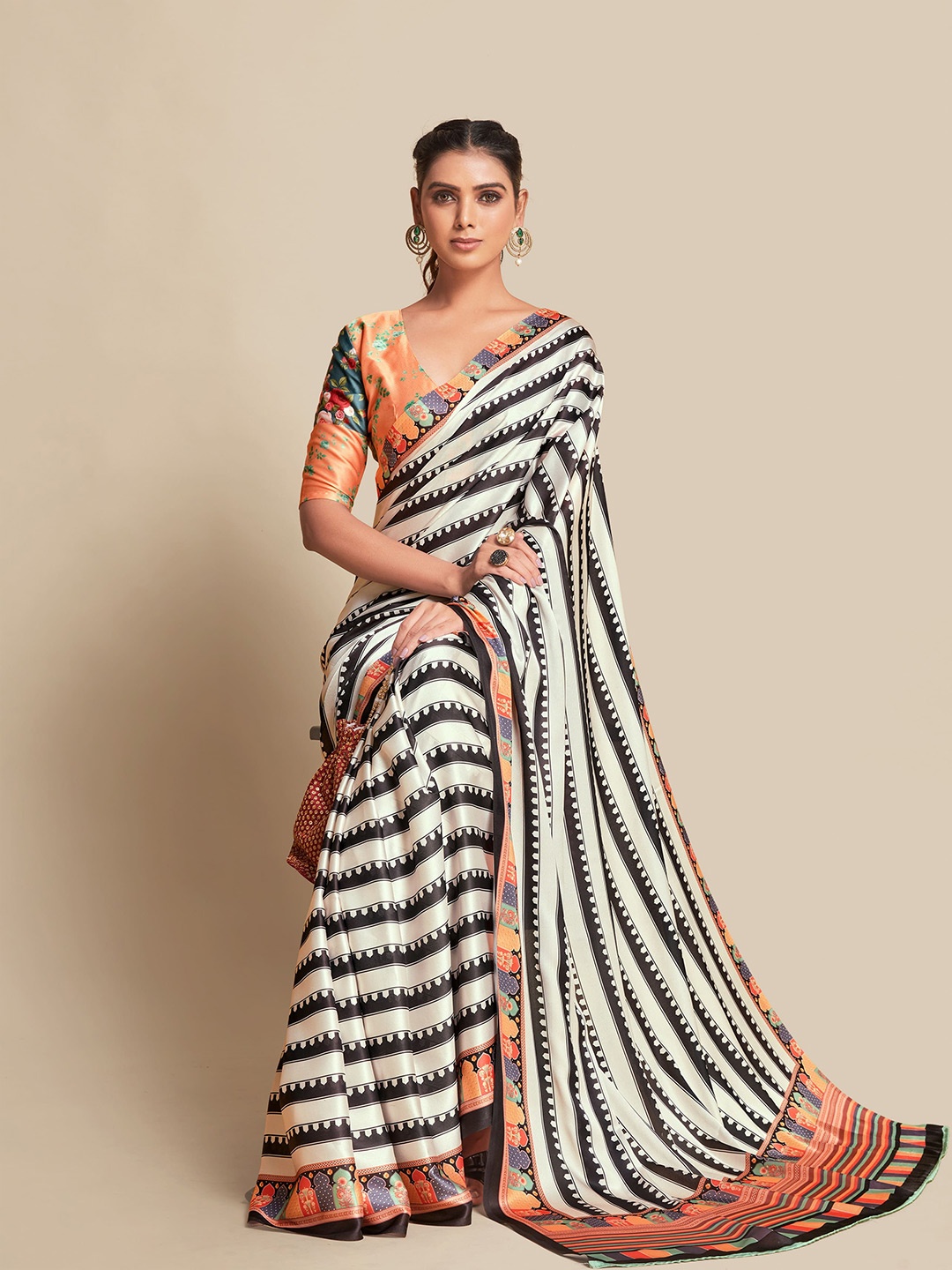 

Sangria Black & White Striped Zari Satin Saree