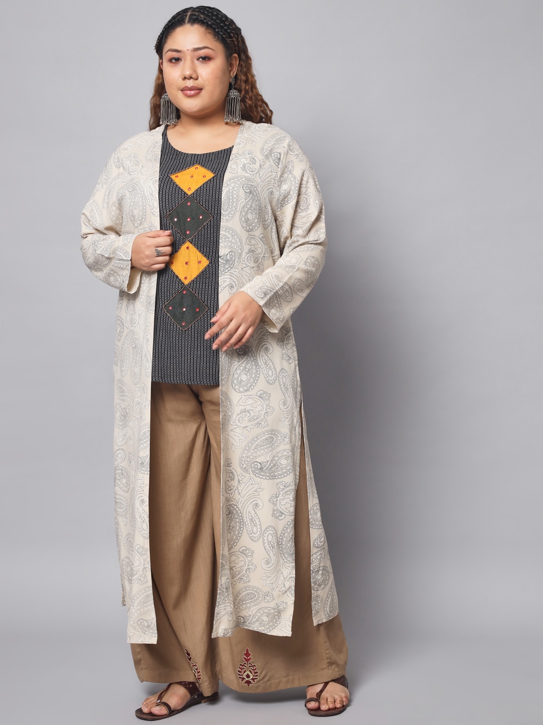 

Nehamta Ethnic Motifs Fit & Flare Dress, Beige