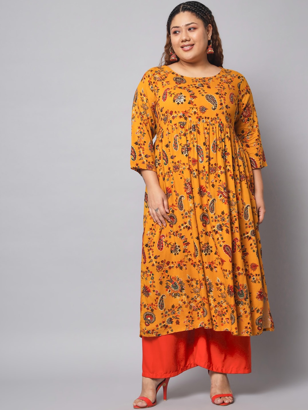 Nehamta Paisley Printed Floral A- Line Kurta, Mustard